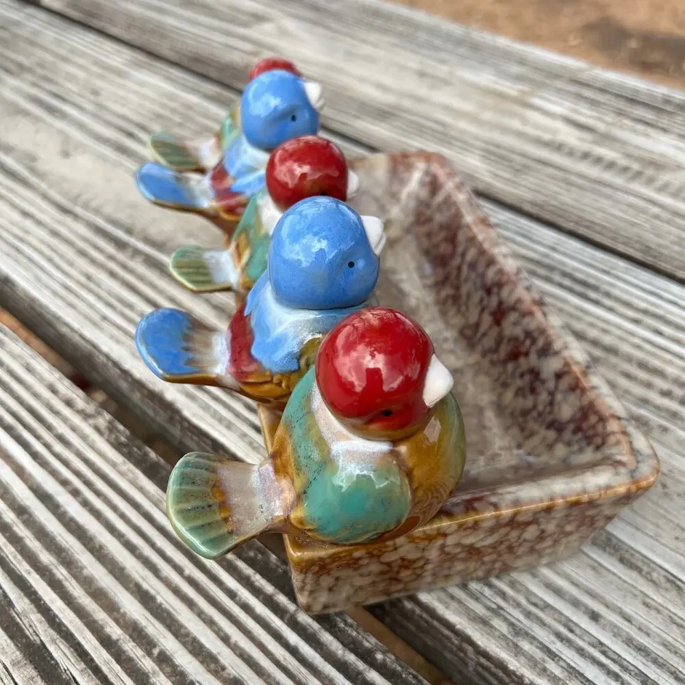 Vintage Hand Painted Ceramic Bird Tray Rustic Pottery Catchall Farmhouse Dish